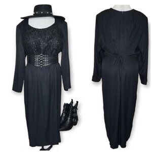 Vintage All That Jazz Black Long Sleeve Midi Dress Lace Sequin Chest Witch Goth
